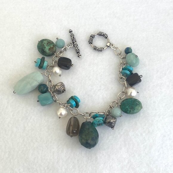 Sterling Silver 925 Beaded Multistone Turquoise Cable Chain Charm Bracelet 7.5" - Picture 6 of 16